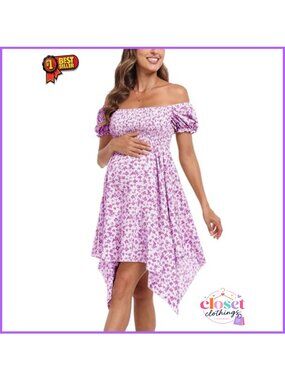 Maternity Floral Short Puff Sleeve Square Neck Irregular Hem Baby Shower Dress